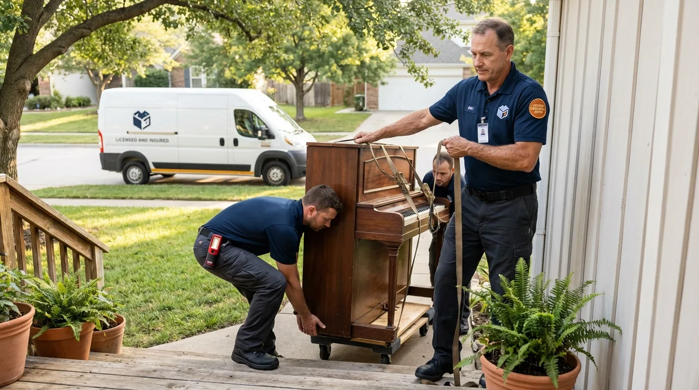 Licensed piano movers securing grand piano in Swanquarter, NC
