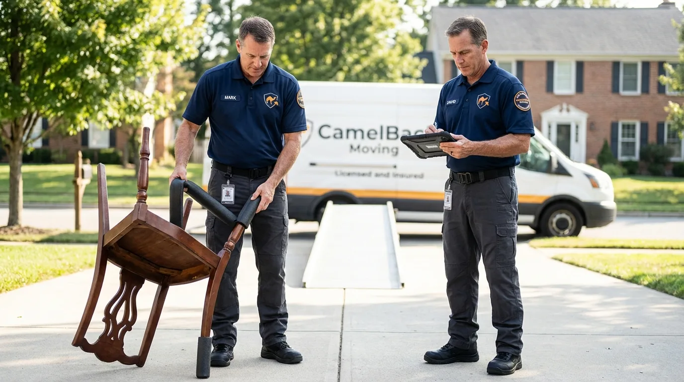 Movers inspecting furniture for damage prevention before loading in Swanquarter, NC