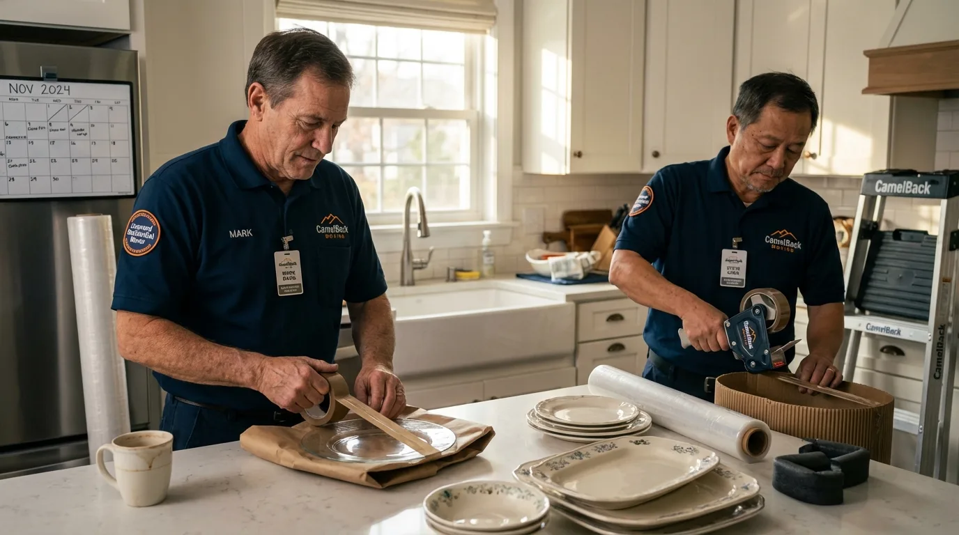Professional crew packing kitchen dishware in Swanquarter, NC